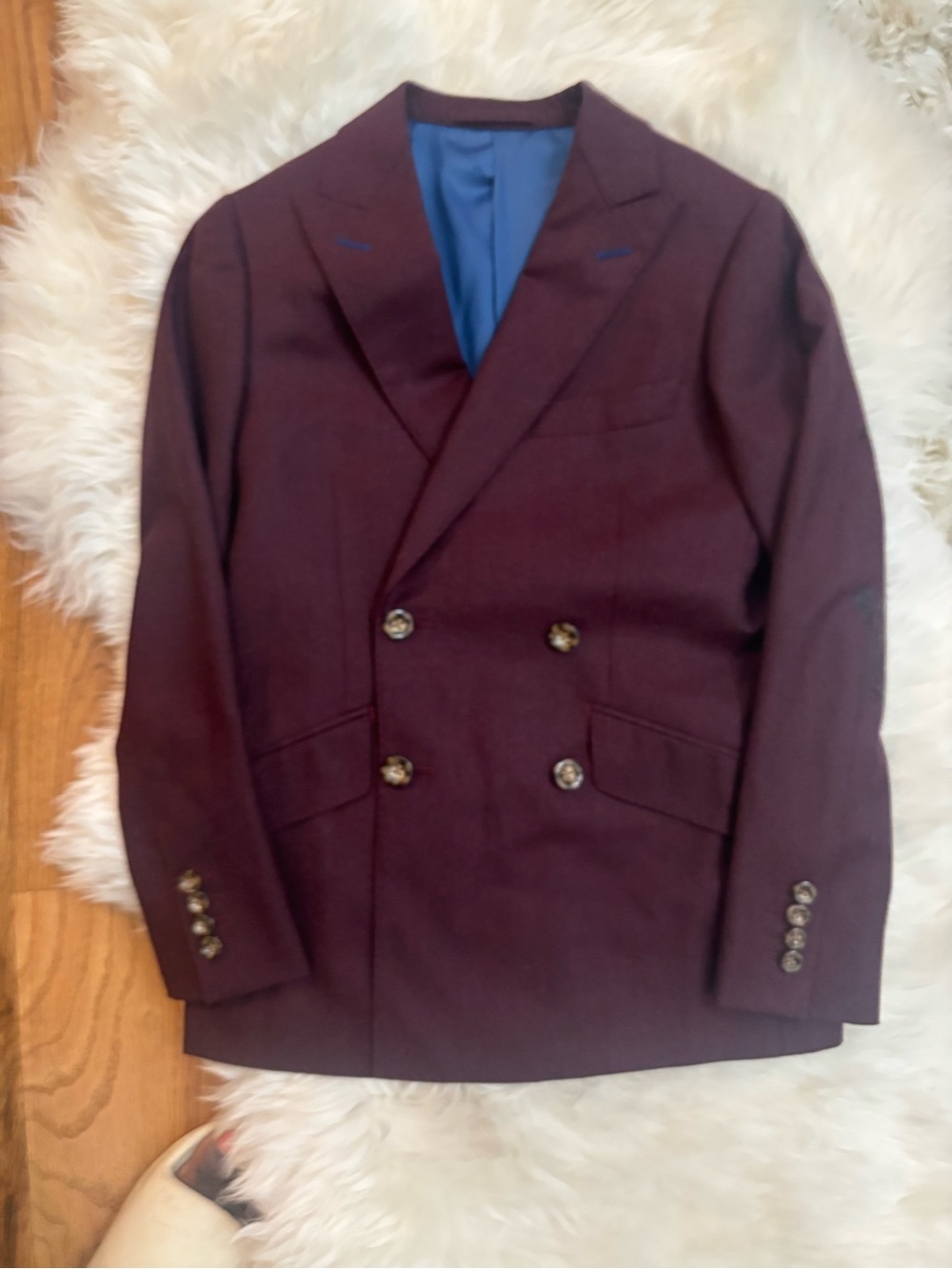 Holland and Sherry Double Breasted Bespoke Blue Window Pane Blazer in Burgundy